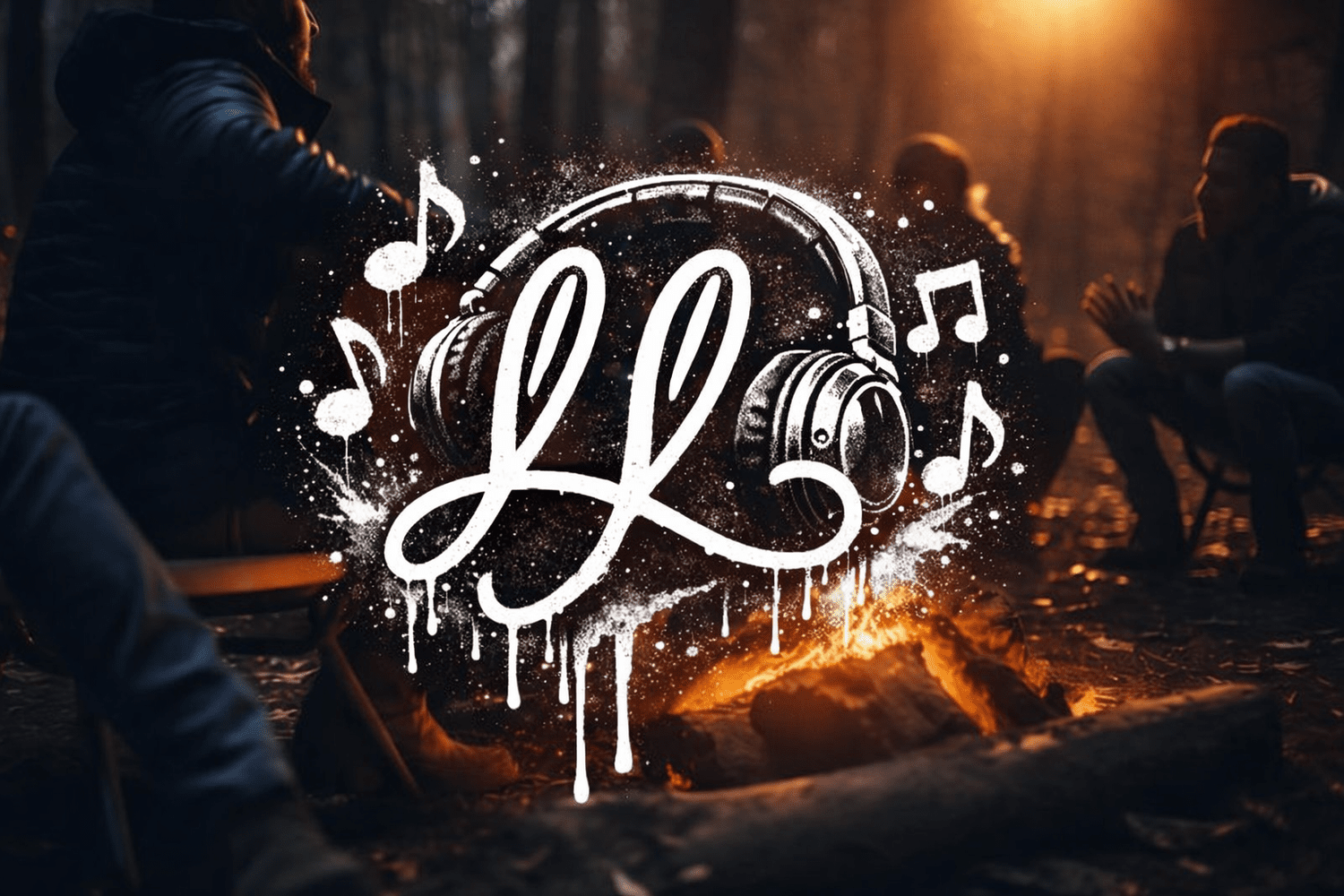 Studio Double LL — graffiti headphones logo over a campfire